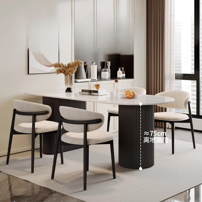 French cream half-round rock slab dining table and chairs - modern minimalist italian style dining set for small spaces