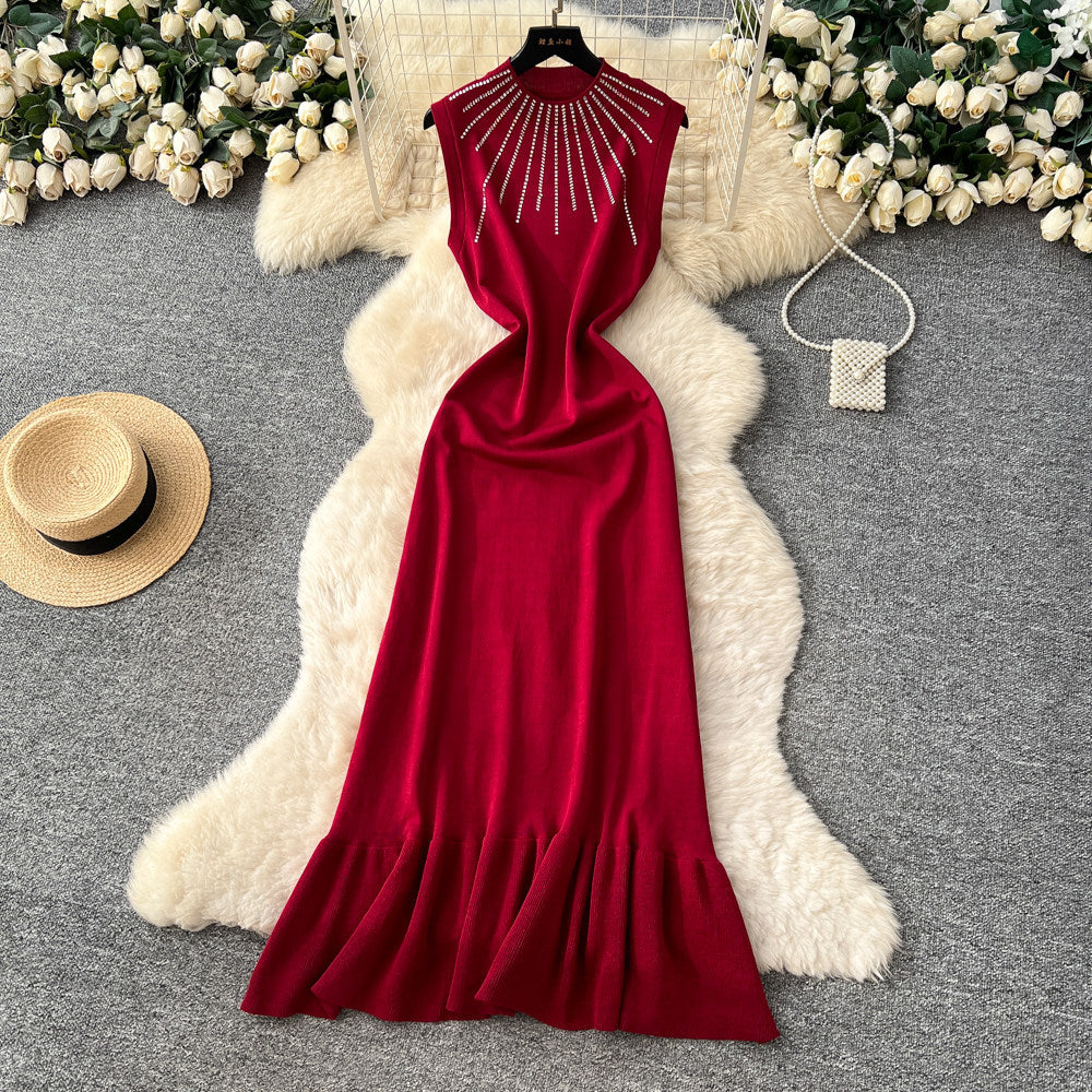 Frenchclassy sense of hot diamond round neck vest dress women's high waist waist fishtail skirt work clothingsense of design long skirt