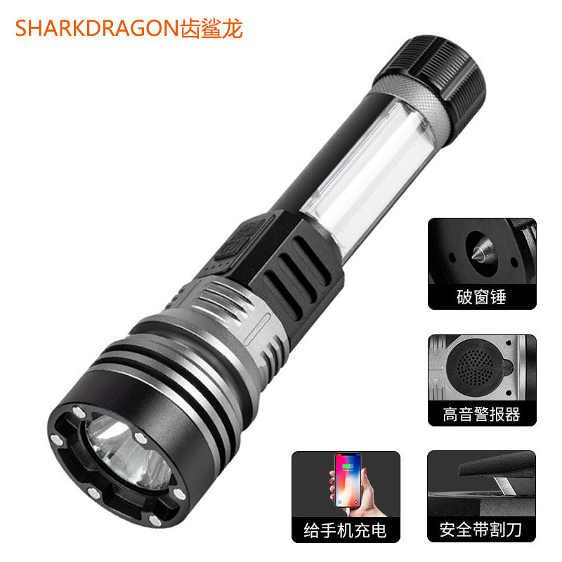 Cross-border new safety hammer flashlight Type-C charging with side light red and blue flashing alarm aluminum alloy flashlight