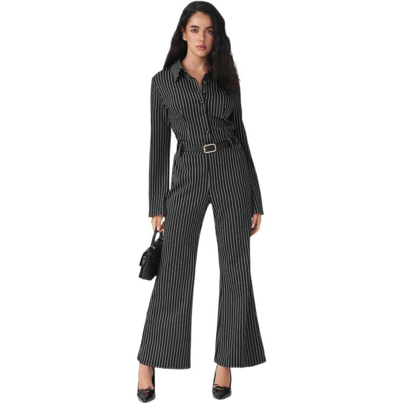 retrostripeshigh waistslimming look flared pants  spring new arrivalpolo collar shirttwo-piece set