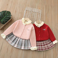 Girls' sweater set -  winter new arrival: stylish ruffle-trimmed thick cardigan sweater and plaid skirt two-piece set