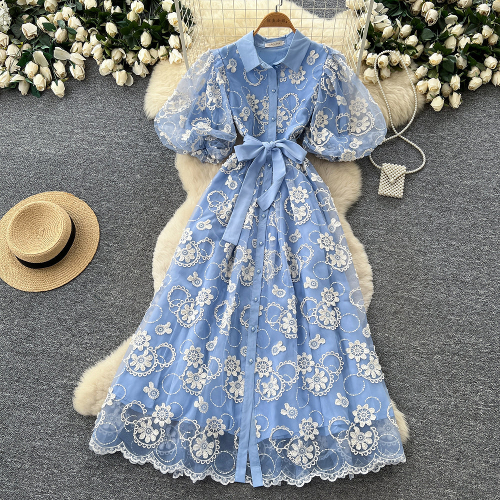 French chic blue lace dress - women's summer bubble sleeve a-line maxi dress - slim fit & figure flattering - new  collection