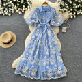 French chic blue lace dress - women's summer bubble sleeve a-line maxi dress - slim fit & figure flattering - new  collection