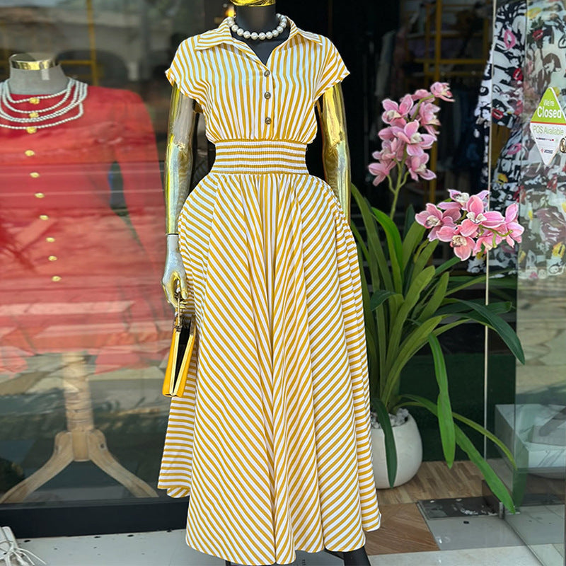 European and american cross-border women's spring  new arrival: elegant and chic striped high-waisted midi dress with turn-down collar and short sleeves