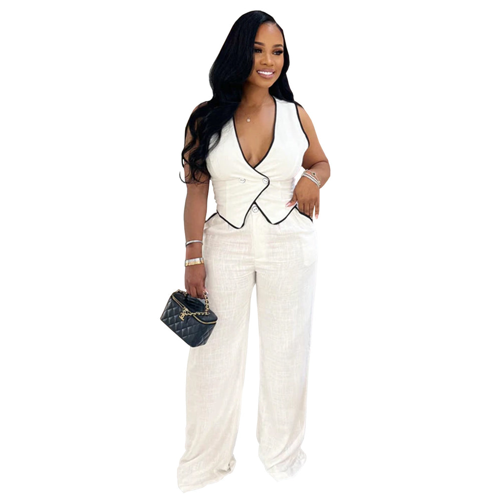 C7402 cross-border   fashion women's casual v-neck button-up top and pants two-piece set - new