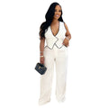 C7402 cross-border   fashion women's casual v-neck button-up top and pants two-piece set - new