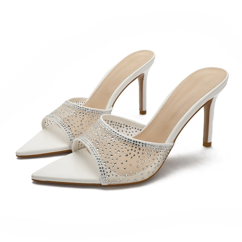 Rhinestone pointed-toe stiletto heel mules - women's sexy & fashionable outdoor sandals - european & american summer new arrivals - half slippers