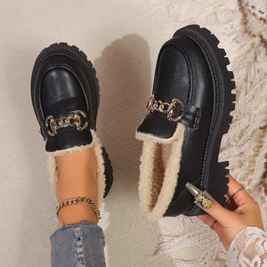 Plus size loafers for women fleece-linedheattech cotton shoes thick soleeasiest for match slip-on black british small leather shoes fleece-linedthickened