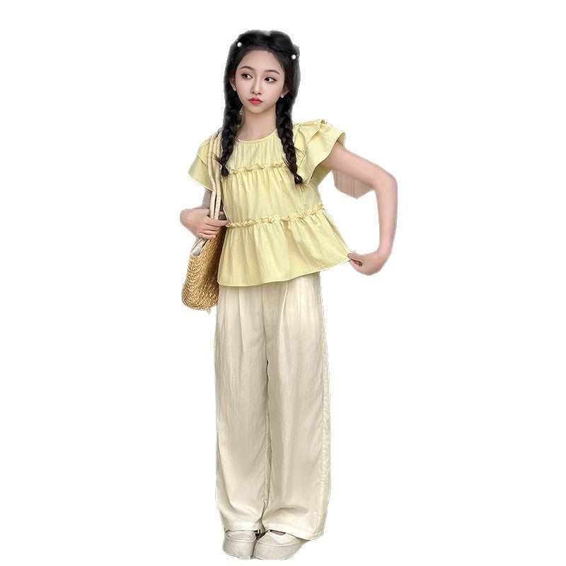 Girls' flutter sleeve outfit -  summer new fashion, stylish two-piece set for little girls, wide-leg pants for toddlers and young children