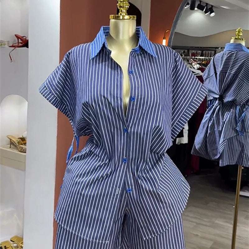 European and american cross-border women's fashion:  autumn new collection - stylish lapel blue striped cinched waist shirt and wide-leg shorts set