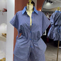 European and american cross-border women's fashion:  autumn new collection - stylish lapel blue striped cinched waist shirt and wide-leg shorts set