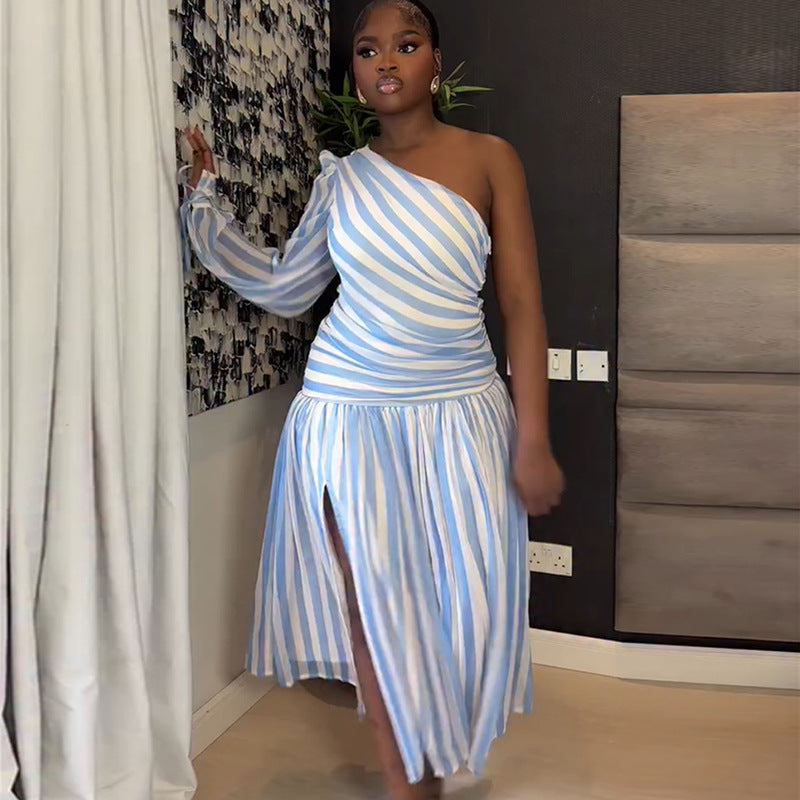 European and american cross-border women's fashion:  autumn new arrival - elegant blue striped one-shoulder long sleeve ruched midi dress