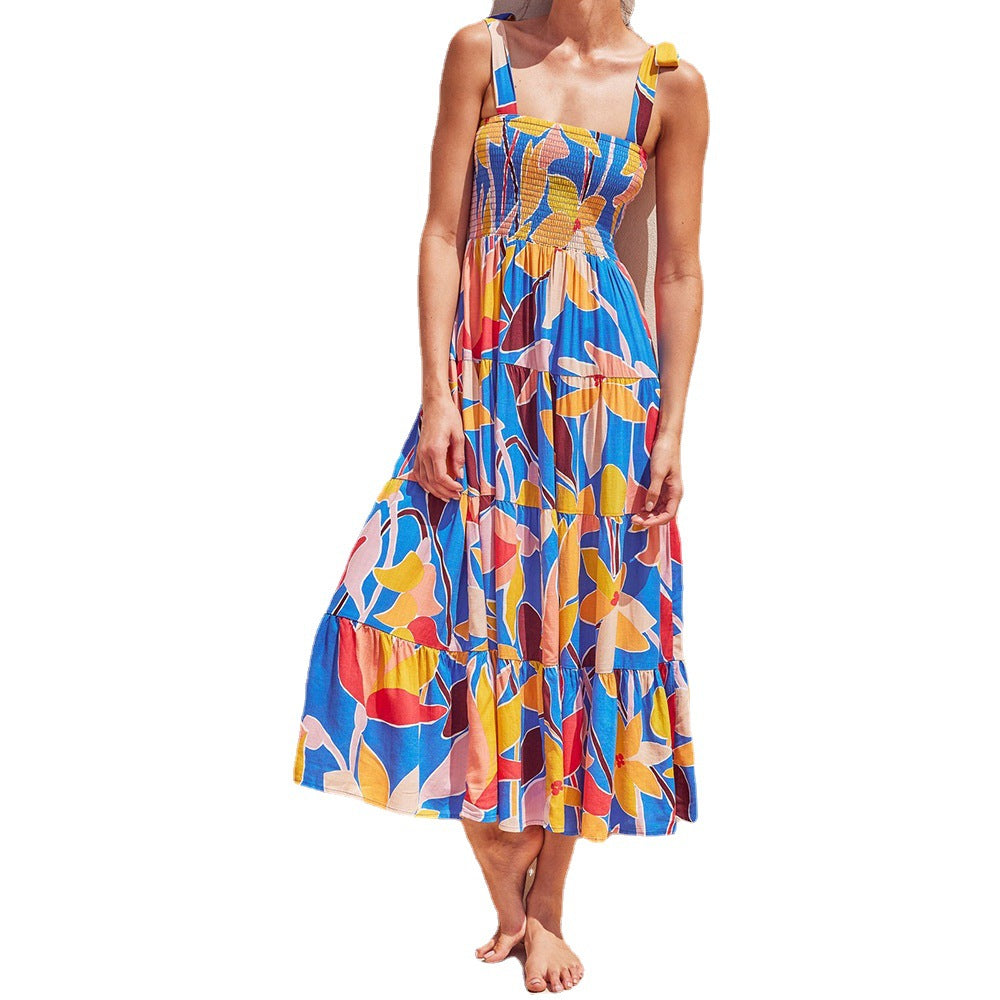 european and american cross-border bohemian style vacation backless printed women's summer french ruched slimming dress