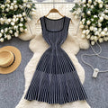 European and american style striped square neck sleeveless knitted dress - women's summer slim fit breathable chic retro mature mid-length dress
