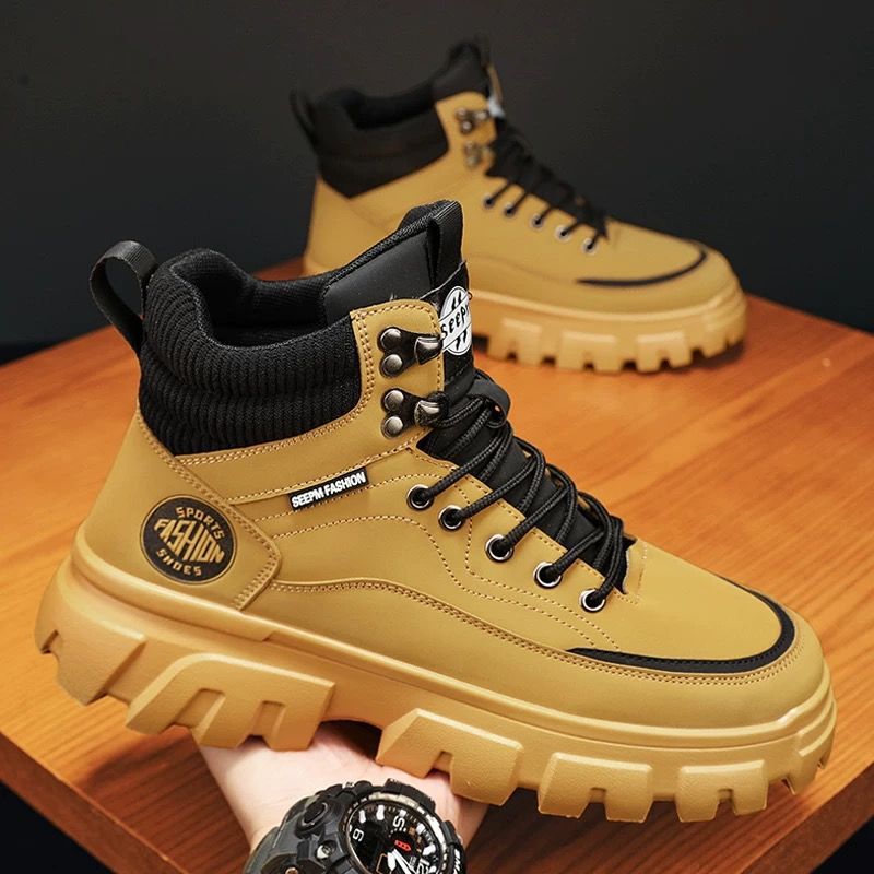High-top men's shoes winter leather waterproofthick sole hidden heel british style rhubarb bootsmenhiking short boots