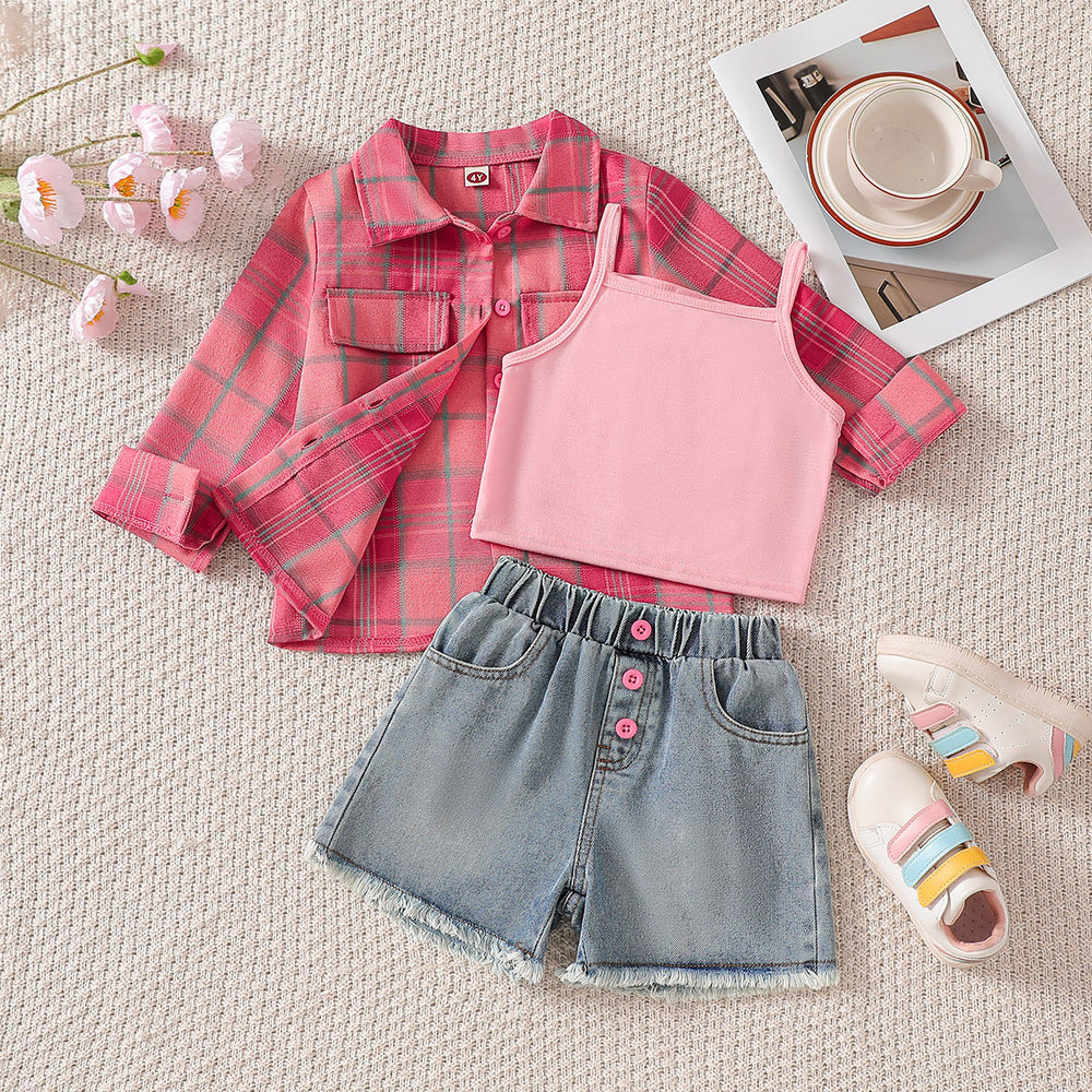 cross-border exclusive lapel plaid shirt camisole + heavy-duty washed beaded jeans three-piece set