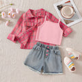 cross-border exclusive lapel plaid shirt camisole + heavy-duty washed beaded jeans three-piece set