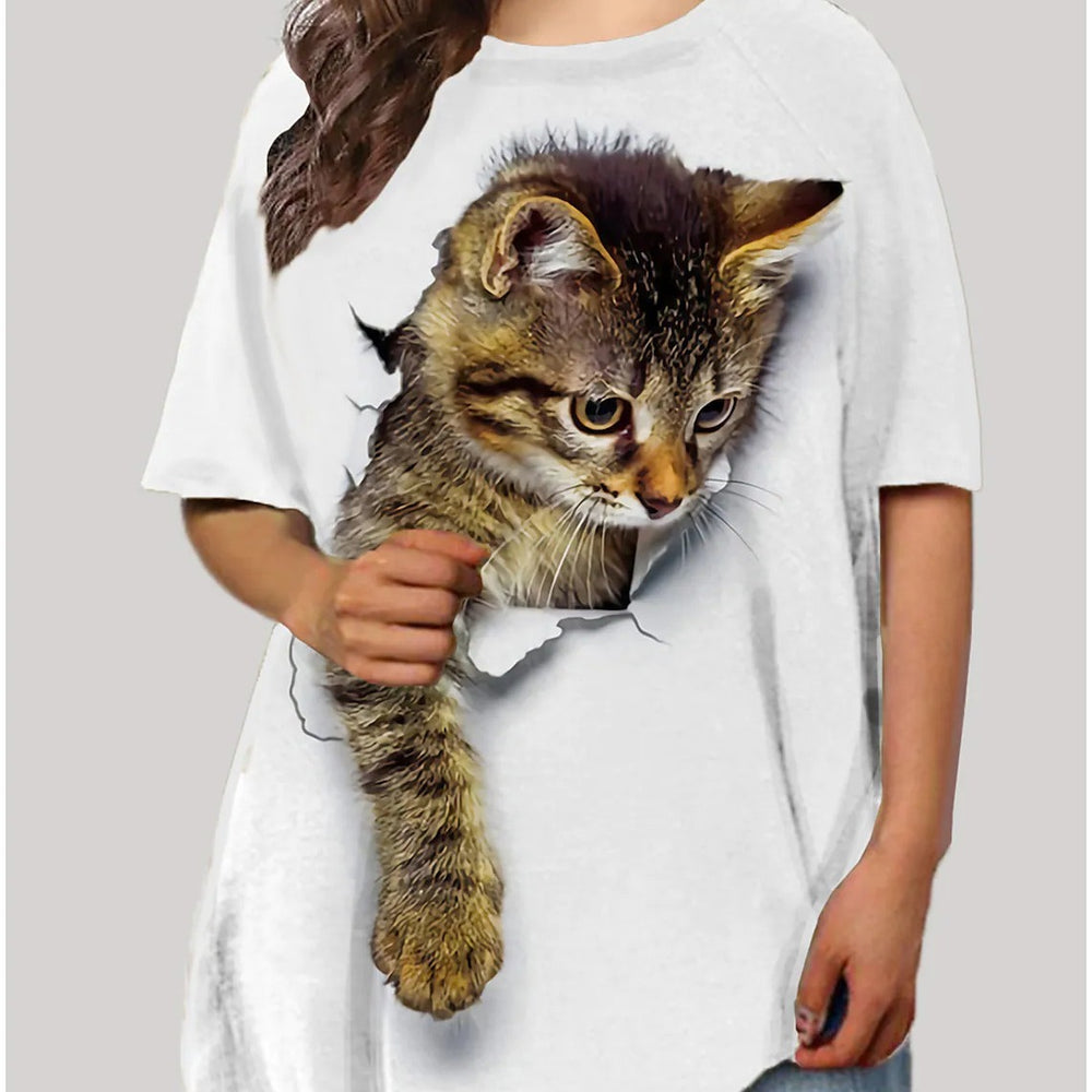 cross-border   plus size women's cute cat 3d digital print short sleeve loose crew neck t-shirt