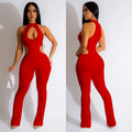 C6580 cross-border   fashion women's solid color sexy halter neck cutout long pants jumpsuit