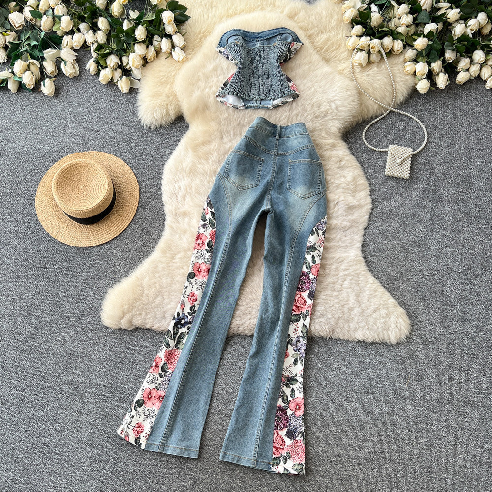 American retro floral embroidered denim two-piece set for women - summer slim fit, stylish and chic