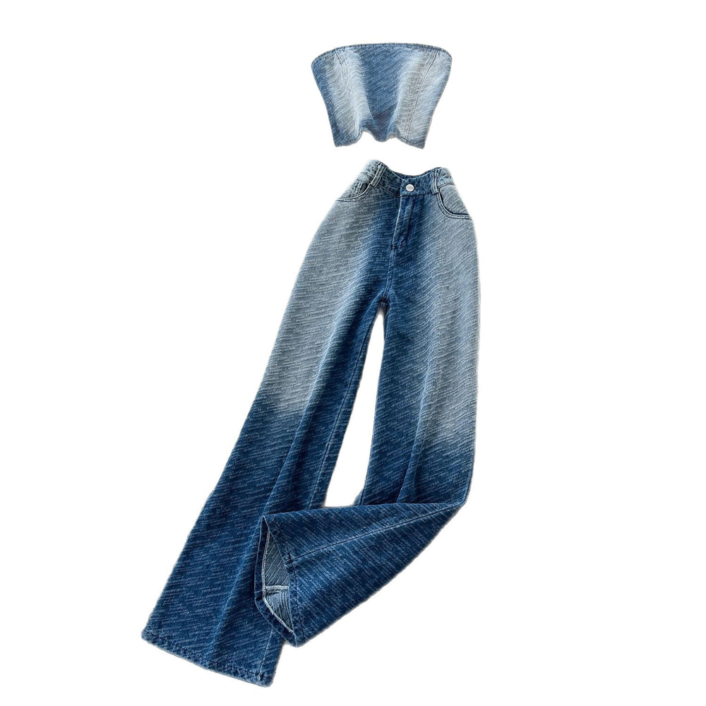 Hong kong style casualsuit women's summerclassy sense gradient color sleeveless tube top vest high waist denim wide-leg straight-leg pants