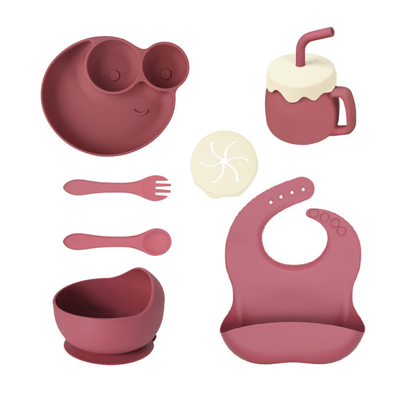 Children's Silicone Plate 7-piece Set Baby Separate Plate Feeding Bib Water Cup Fork Spoon Supplementary Food Bowl Tableware