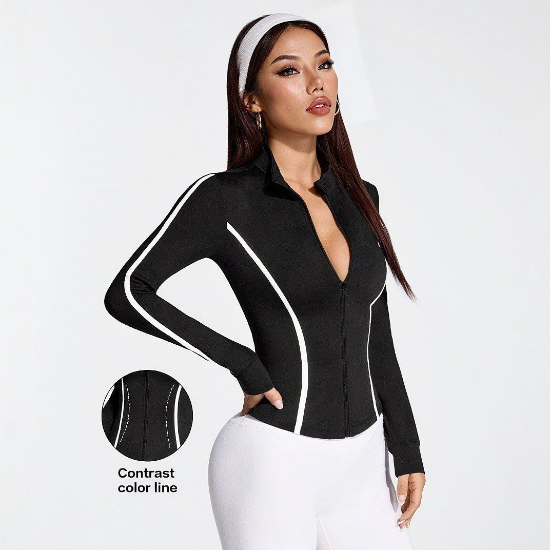 Pre-sale European and American  women's color contrast explosion stand-up collar slim and thin sports jacket comfortable breathable top jacket