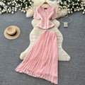 Xiaoxiangfeng pink two-piece set women's summer short-sleeved high waist waist light mature style pleated skirtaccessible luxuryelegantsuit