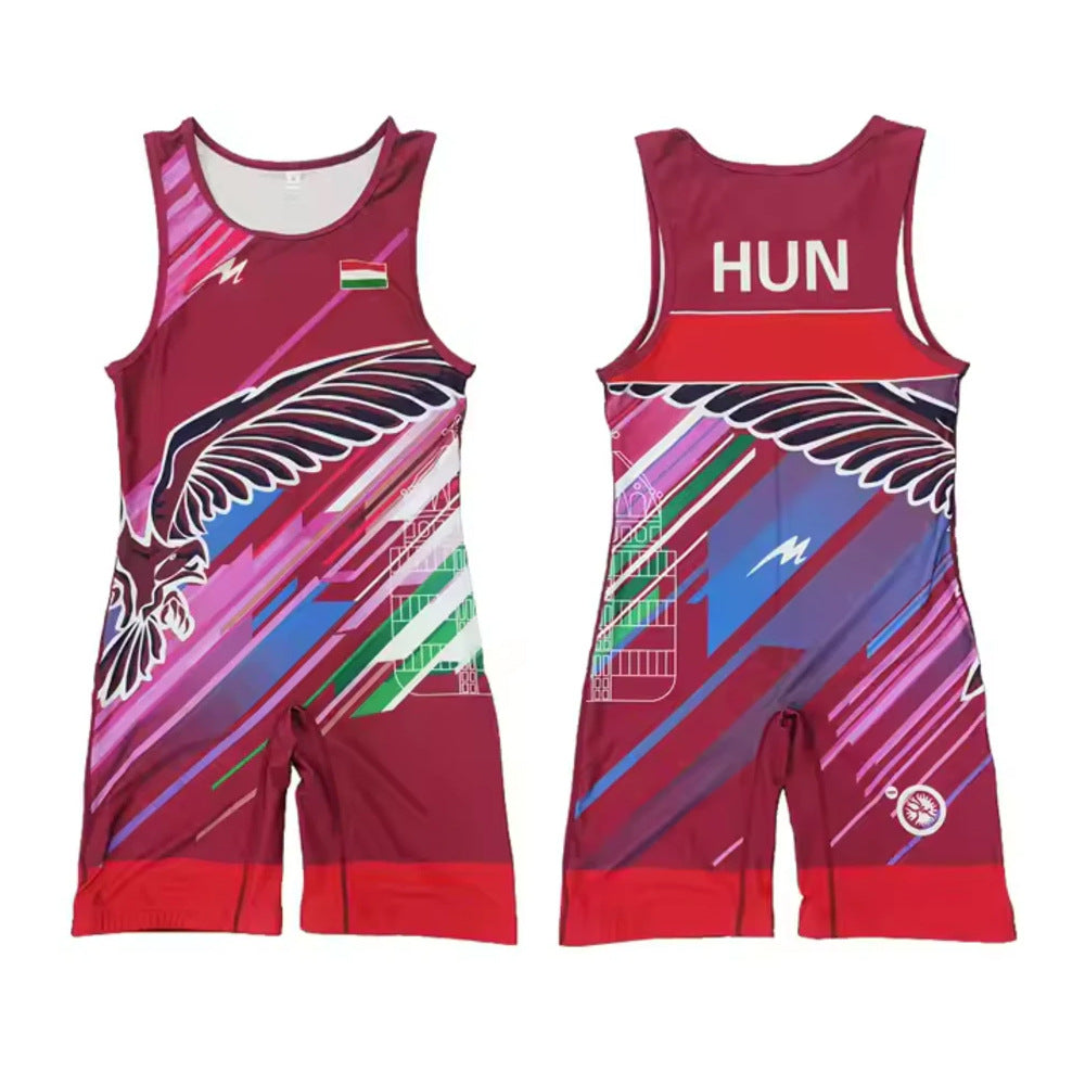 Sublimation full body print men's one-piece wrestling suit custom match weightlifting suit men's and women's free wrestling one-piece vest
