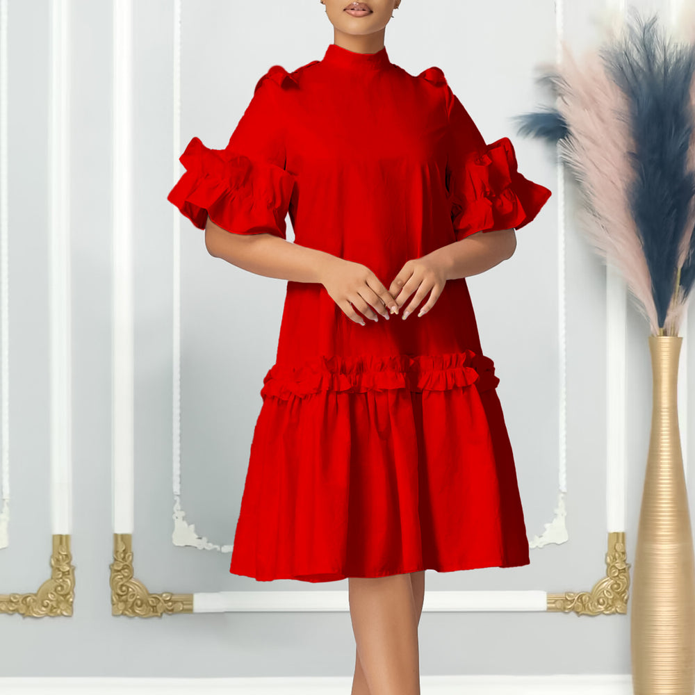 D503 european and american style women's summer  new fashion solid color ruffle trim a-line dress - export quality african dress