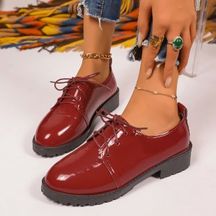 Plus size lace-up leather loafers for women - autumn  new collection - square heel single shoes - british style glossy loafers