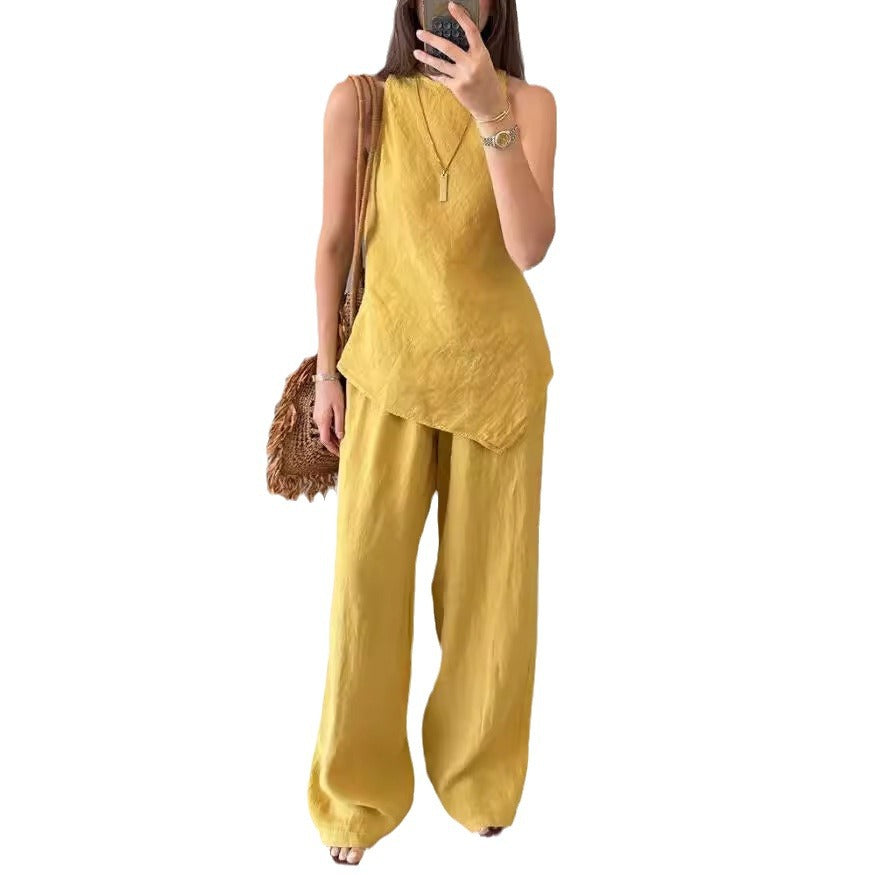 european and american cross-border  summer new arrival: solid color irregular sleeveless top and wide-leg pants two-piece set