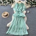 Thousand gold wind pressure pleated elegancenobledress women's summer strap waist slimming look a-line large swing skirt orange classy