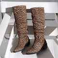 Export women's boots square toe thick heel high heel leopard print boots women's knee high boots over the knee women's boots fashioneasiest for match