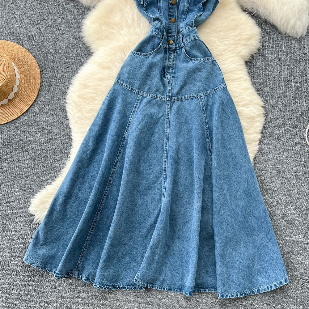 Frenchretroniche stylesense of designrufflespatchworksingle breasted waist denim dress women's sleeveless vest dress