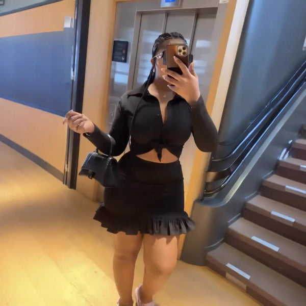 European and American women's clothing   new lapel cardigan lace-up short long-sleeved top, ruffle edge short skirt set