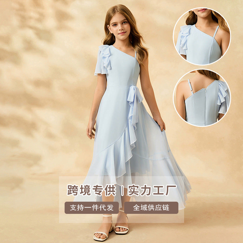 Custom-made european-style chiffon sundress for girls, perfect for export. this flowy and fresh dress features a minimalist design with short sleeves