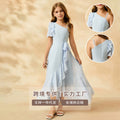 Custom-made european-style chiffon sundress for girls, perfect for export. this flowy and fresh dress features a minimalist design with short sleeves