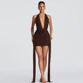 European and american women's clothing  summer new fashion teardrop embellished sexy deep v-neck halter neck tie-up bodycon dress