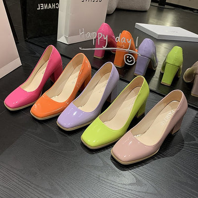 Plus size chunky heel pumps for women - spring/summer 2024 new collection - patent leather bright heels