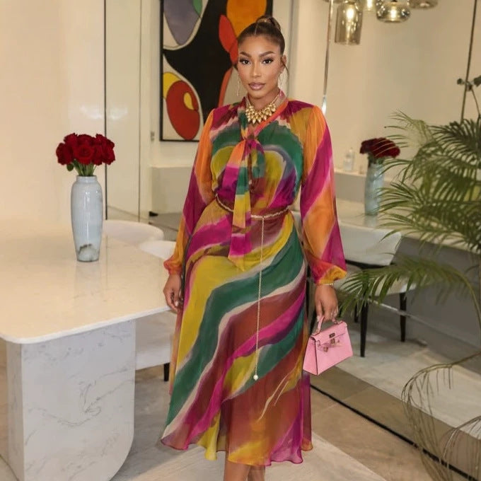 European and american cross-border women's fashion  summer new arrival: elegant printed tie-neck blouse and high-waisted midi skirt set