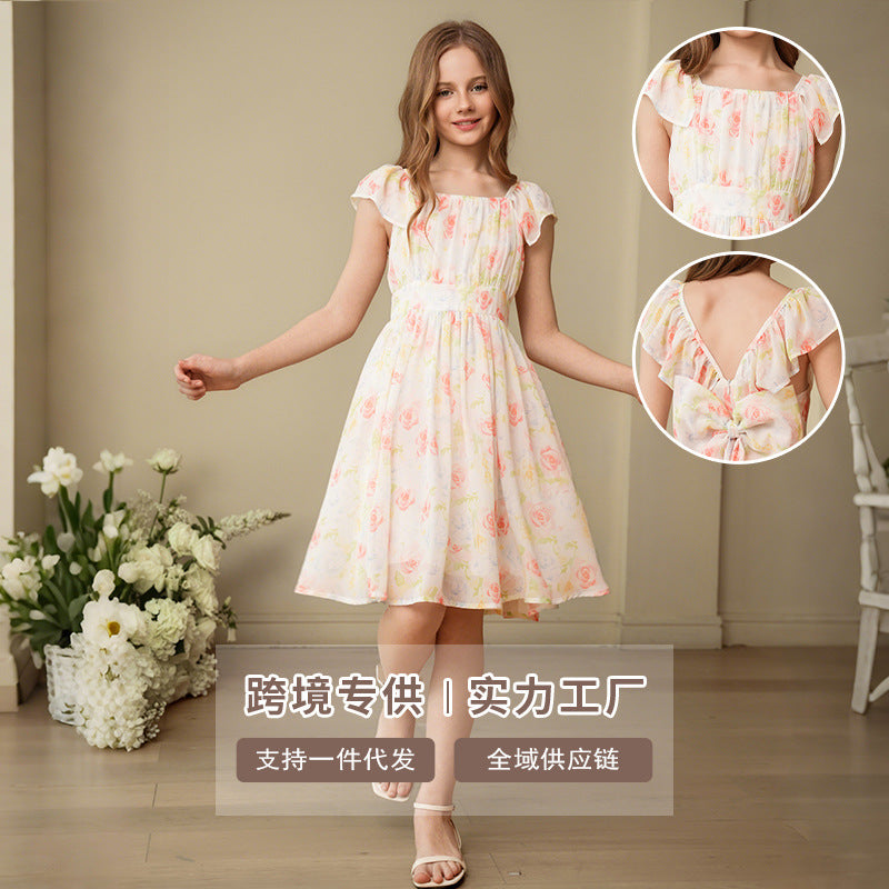 New girls' floral print dress - princess style, ruched waist, slim fit, fashionable kids' dress, beach dress