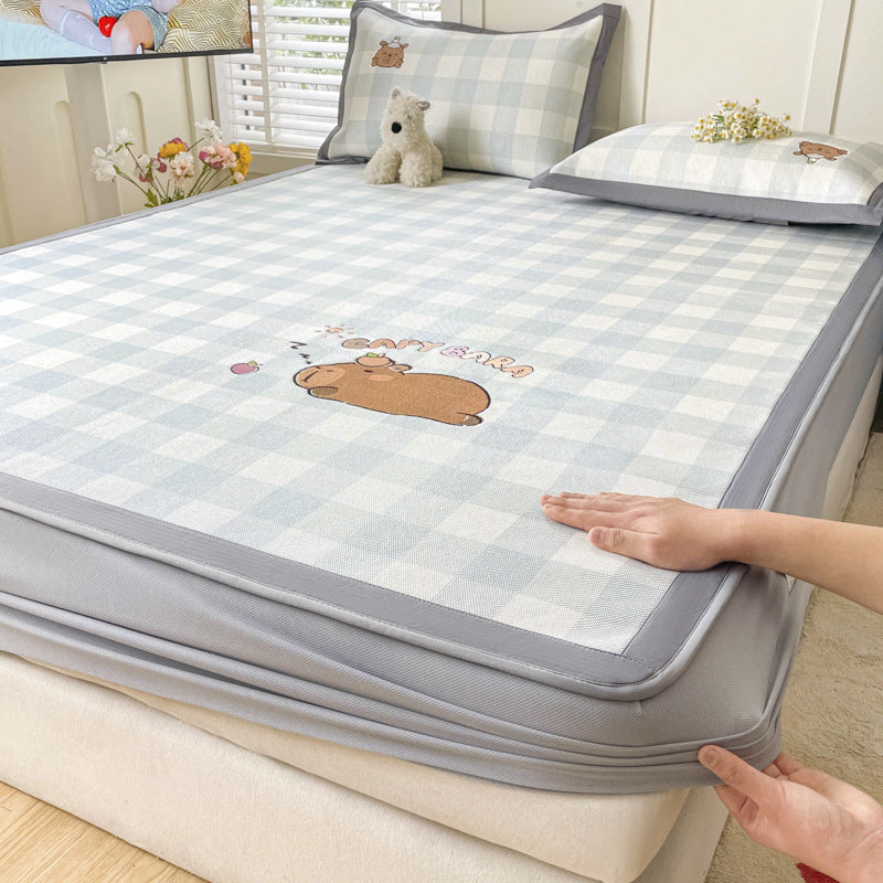 Summer ice rattan mat three-piece cartoon mattress foldable embroidered ice silk mat can sleep naked air conditioner soft mat