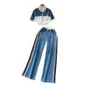 Fashionsuit women's  summer hong kong style drawstring waist short contrast color stand collar tops high waist denim loose pants