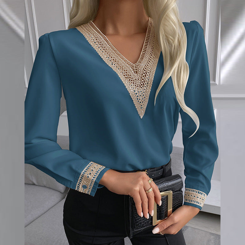 fashion women's clothing:  spring european and american style lace trimmed blouse, solid color patchwork v-neck long sleeve shirt