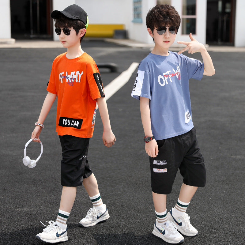 Boys' summer outfit: lightweight short-sleeve sports set - breathable two-piece casual set for older boys - trendy brand