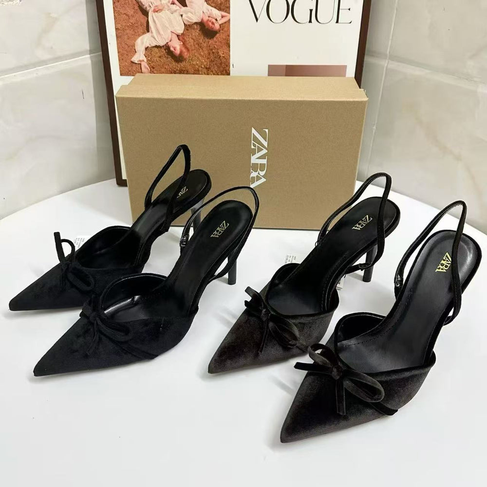 Za2025autumnew arrival velvet bow half bag pointed toe high heel sandals casualfashionclassy women's shoes