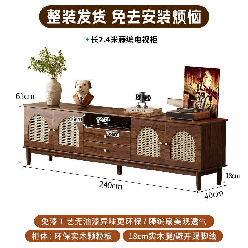 Retro rattan solid wood frame TV cabinet household coffee table combination small apartment living room storage locker integrated new model