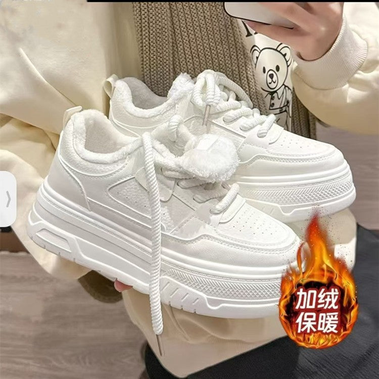 2026 fleece-lined, extra-thick women's white sneakers: the ultimate fall/winter bestseller! height-boosting, chunky sole, versatile casual sneakers/sports platform shoes