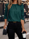 fashionretro texture shirt round neck chest pleated shoulders fungus edge long sleevesslimming lookpure color bottom